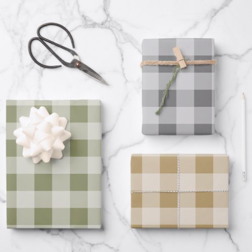 Rustic Buffalo Plaid _ Simple Grey Green Gold Wrapping Paper Sheets