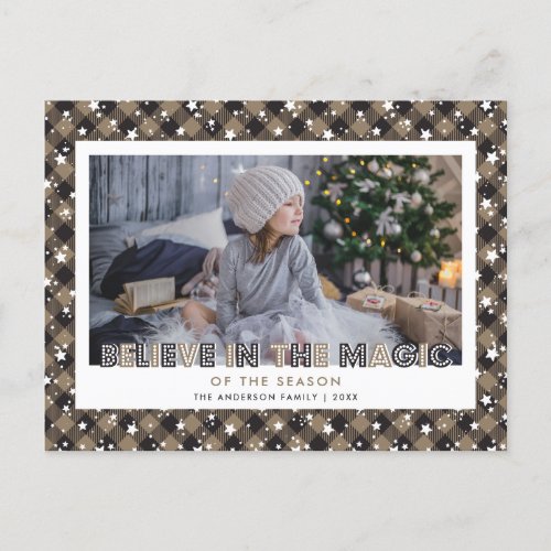 Rustic Buffalo Plaid Snow Stars Believe Photo Holiday Postcard