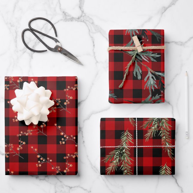 Rustic Buffalo Plaid Spruce Branches Ilex Berries Wrapping Paper Sheets (Front)