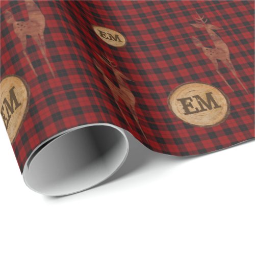 Rustic Buffalo Plaid Stag Monogram Initials RED Wrapping Paper