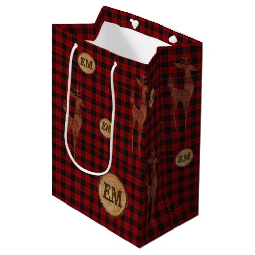 Rustic Buffalo Plaid Stag Monogram RED Checks Medium Gift Bag