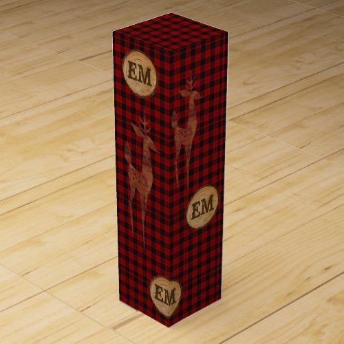 Rustic Buffalo Plaid STAG Monogram Red Checks Wine Box