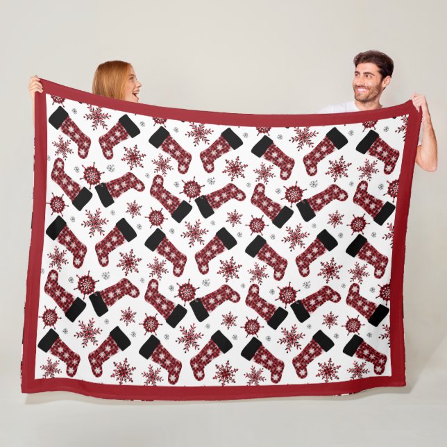 Rustic Buffalo Plaid Stocking Snowflakes Christmas Fleece Blanket (In Situ)