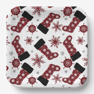Rustic Buffalo Plaid Stocking Snowflakes Christmas Paper Plates