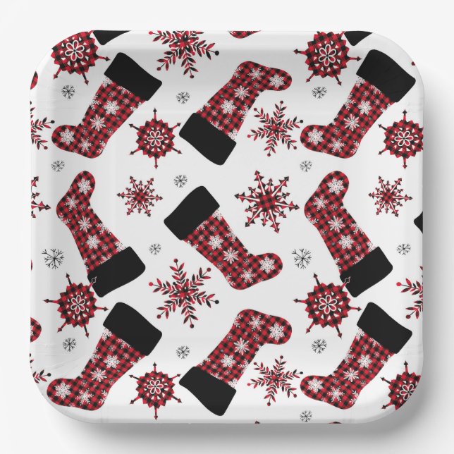 Rustic Buffalo Plaid Stocking Snowflakes Christmas Paper Plates (Front)