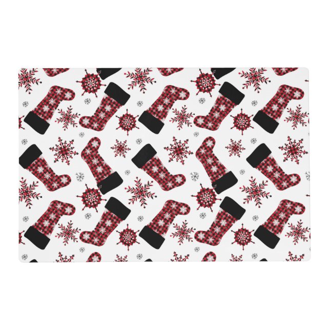 Rustic Buffalo Plaid Stocking Snowflakes Christmas Placemat (Front)