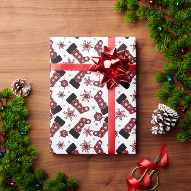 Rustic Buffalo Plaid Stocking Snowflakes Christmas Wrapping Paper (Holiday Gift)