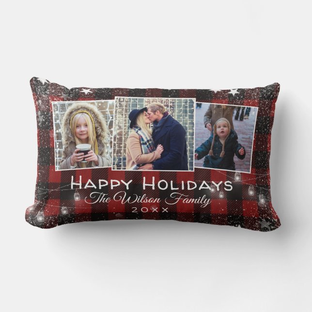 Rustic Buffalo Plaid String Lights Holiday Photo Lumbar Pillow (Front)