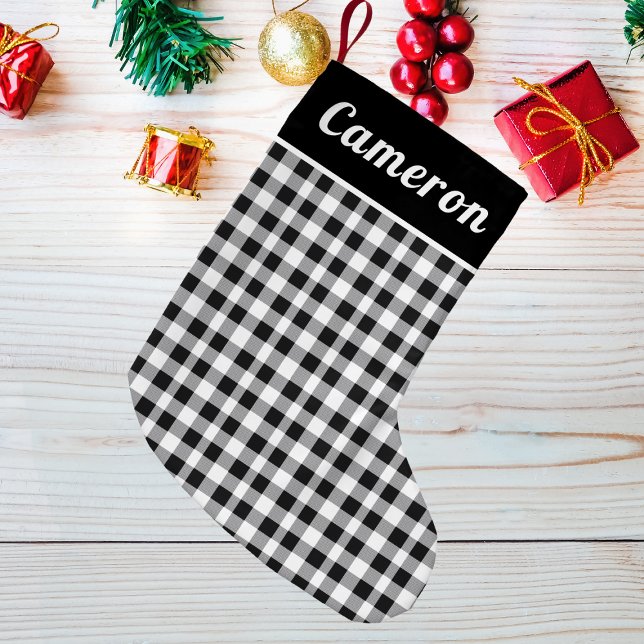 Rustic Buffalo Plaid Tartan Black white Name Small Christmas Stocking (Creator Uploaded)