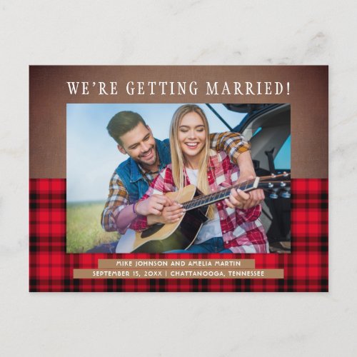 Rustic Buffalo Plaid Wedding Save Date Photo Announcement Postcard