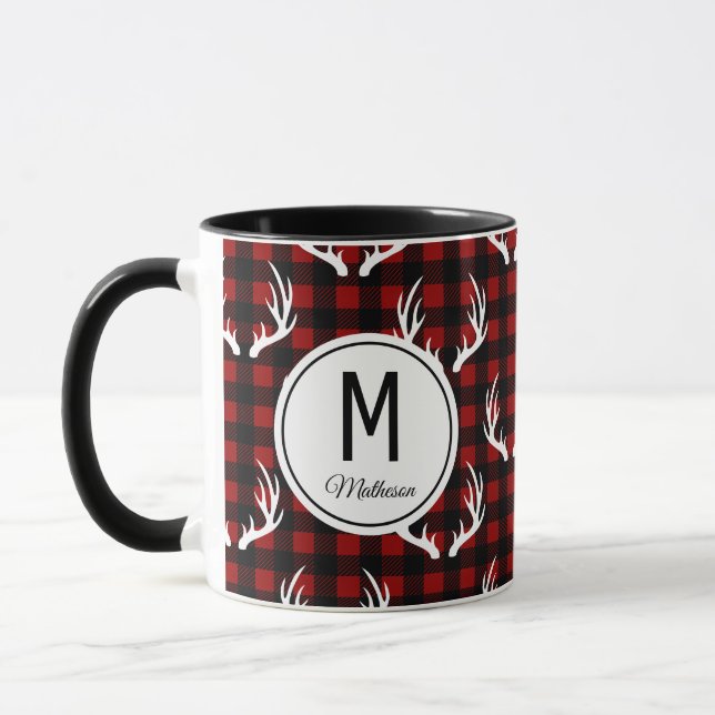 Rustic Buffalo Plaid & White Deer Antlers Monogram Mug (Left)