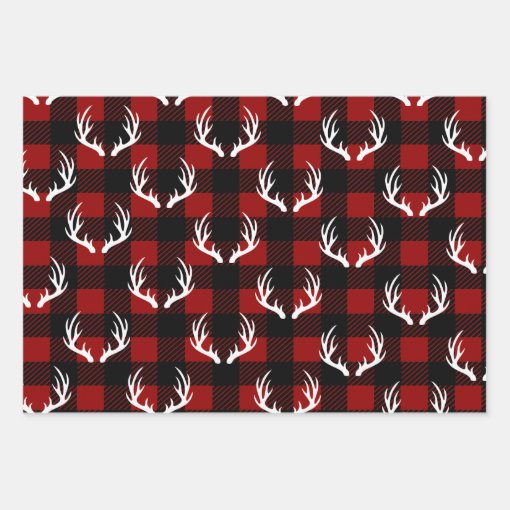Rustic Buffalo Plaid &amp; White Deer Antlers Wrapping Paper Sheets | Zazzle