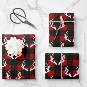 Rustic Buffalo Plaid & White Deer Antlers Wrapping Paper Sheets