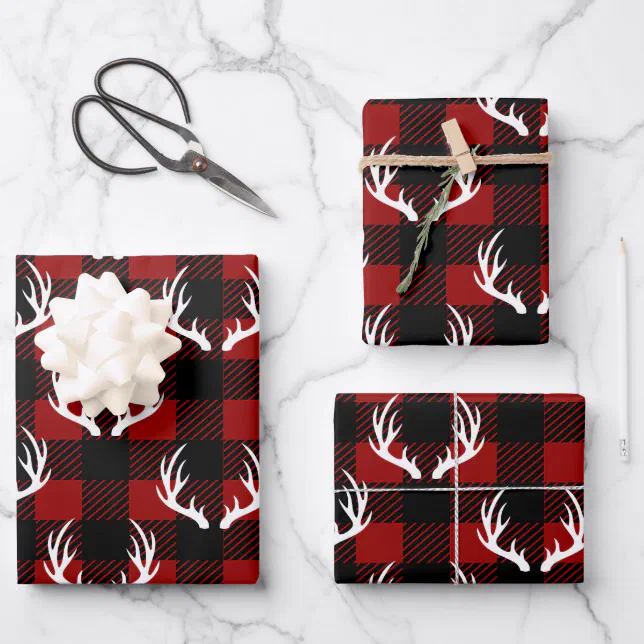 Rustic Buffalo Plaid & White Deer Antlers Wrapping Paper Sheets | Zazzle