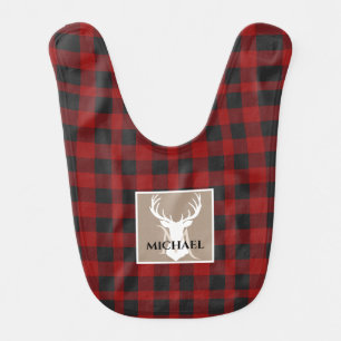 Rustic Buffalo Plaid Wilderness Baby Name Monogram Baby Bib