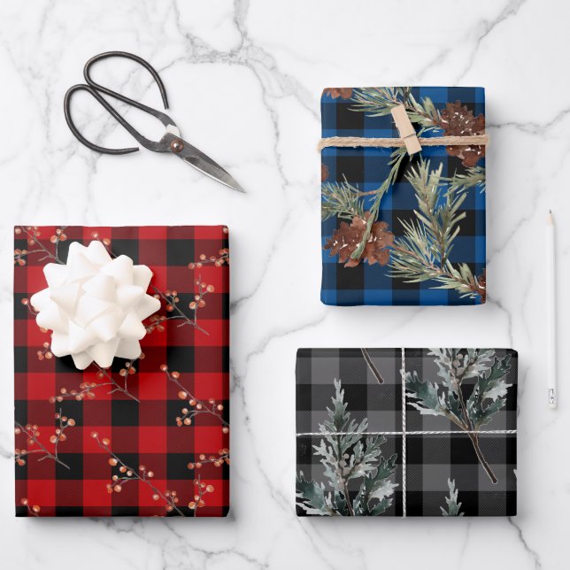 Rustic Buffalo Plaid Winter Spruce Cones & Berries Wrapping Paper Sheets (Front)