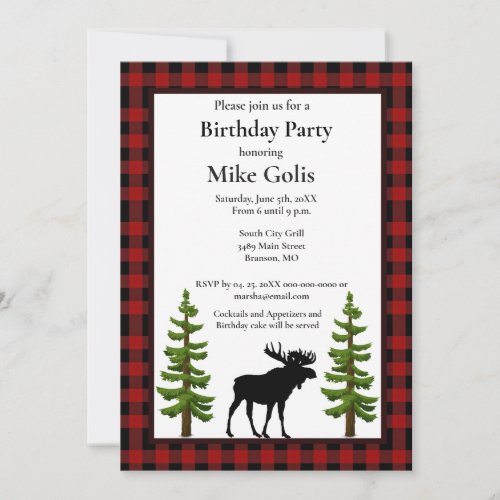 Rustic Buffalo Plaid with Moose Birthday  Invitation