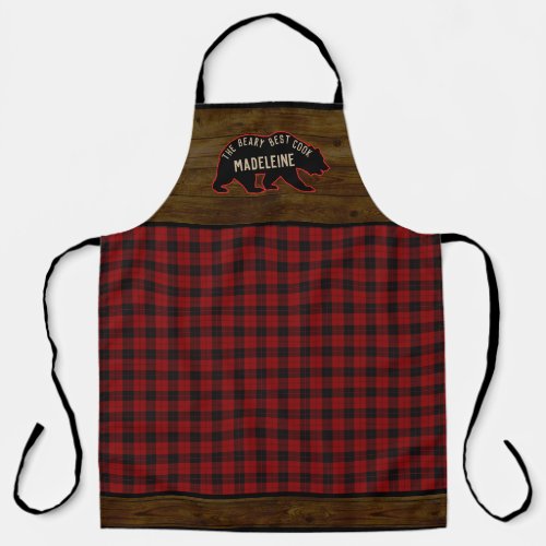 Rustic Buffalo Plaid Wood and Bear with Name Cabin Apron