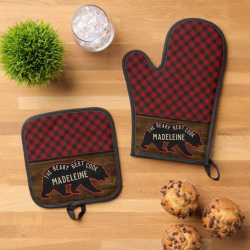 Rustic Buffalo Plaid Wood and Bear with Name Cabin Oven Mitt  Pot Holder Set