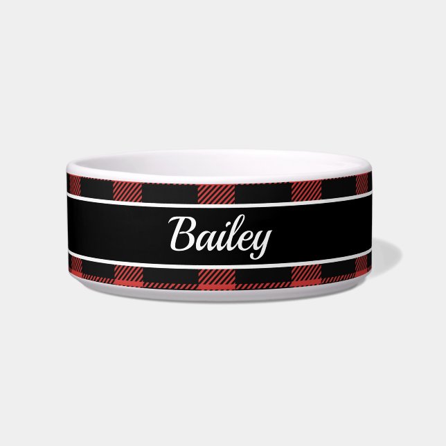 Rustic Buffalo Red Black Plaid Dog Name Bowl (Front)