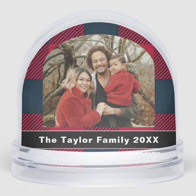Rustic Buffalo Red & Black Plaid Family Photo Snow Globe (Front)