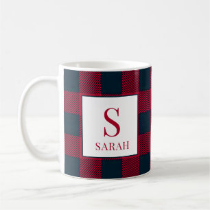 Rustic Buffalo Red & Black Plaid Monogram Name Coffee Mug