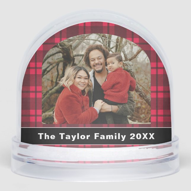Rustic Buffalo Red Plaid Family Photo Christmas Snow Globe (Front)