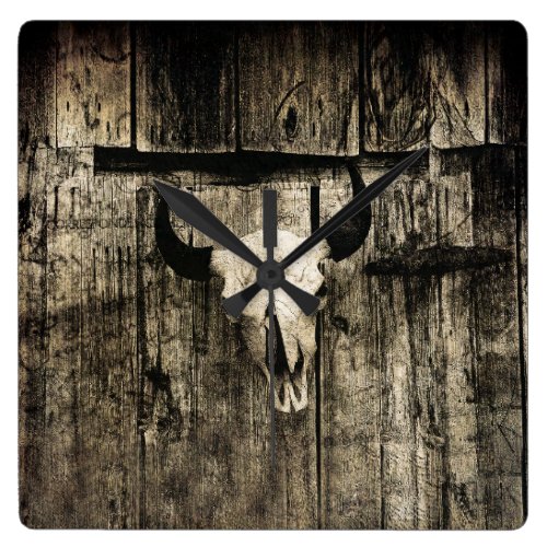 Rustic buffalo skull with horns on a barn square wall clock