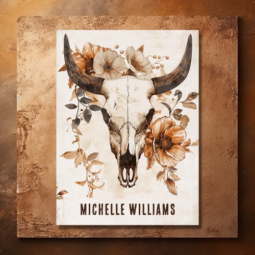 Rustic Bull Cow Skull and Flowers Boho Western Business Card