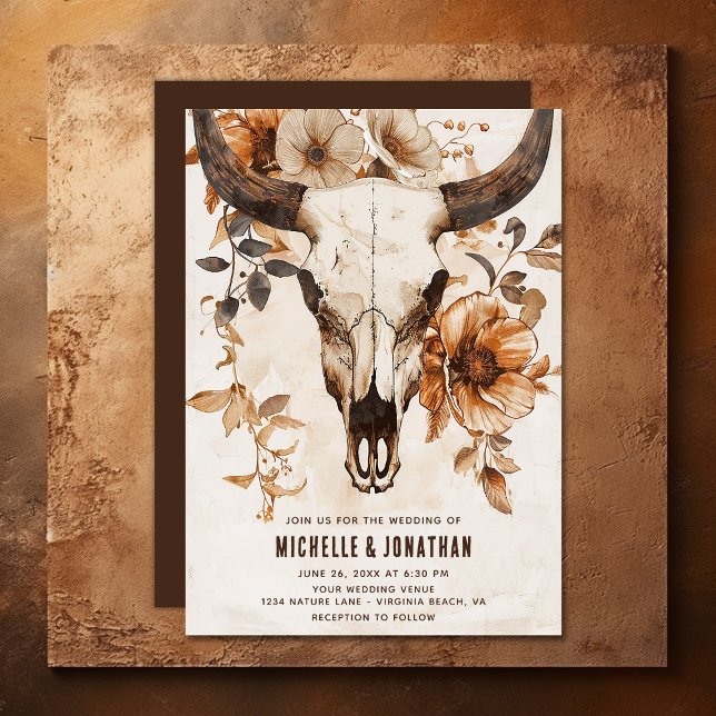 Rustic Bull Cow Skull Floral Boho Western Wedding Invitation (Rustic Bull Cow Skull and Flowers Boho Western Invitation)