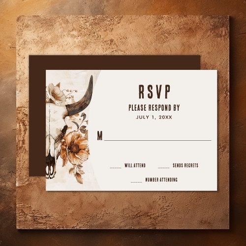 Rustic Bull Cow Skull Floral Boho Western Wedding RSVP Card