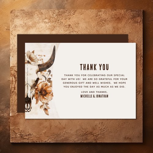 Rustic Bull Cow Skull Floral Boho Western Wedding Thank You Card