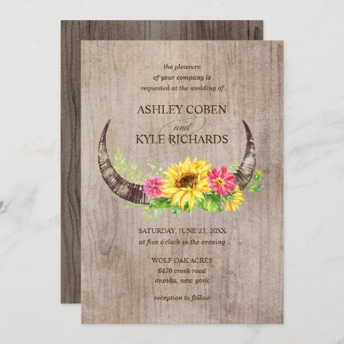 Rustic Bull Horns and Flowers Wedding Invitation