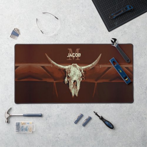 Rustic Bull Skull Brown Country Western Monogram Desk Mat