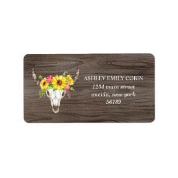 Rustic Bull Skull On Dark Wood With Sunflowers Label by LangDesignShop at Zazzle