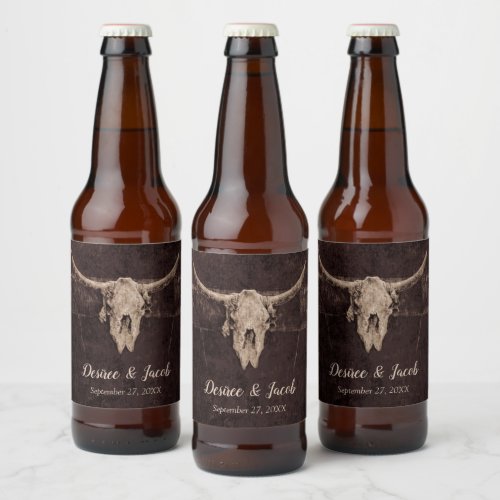 Rustic Bull Skull Wedding Country Western Texture  Beer Bottle Label