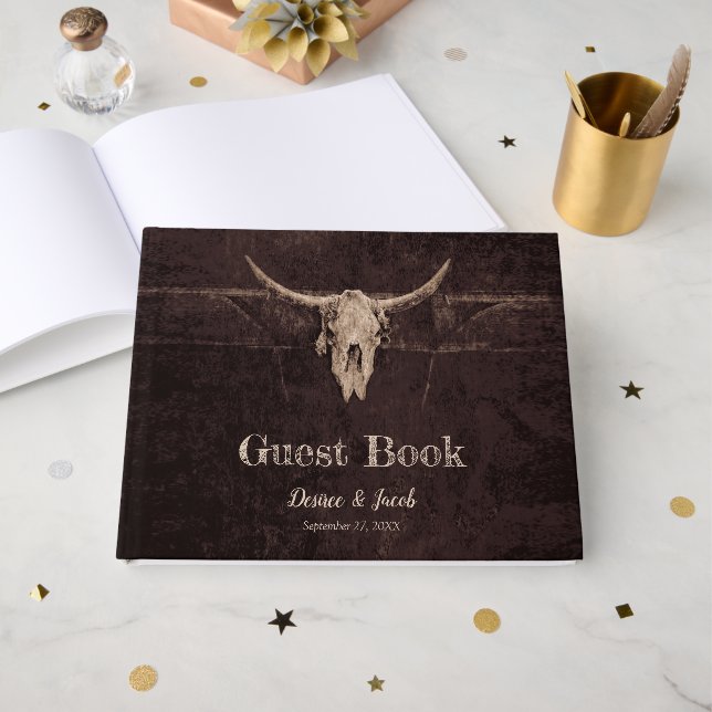 Rustic Bull Skull Wedding Country Western Texture Guest Book (Front Open)