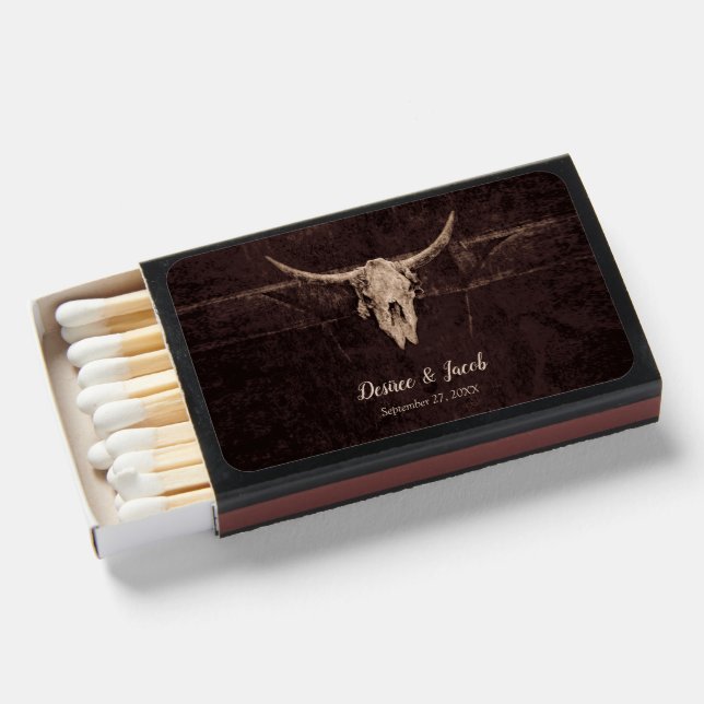 Rustic Bull Skull Wedding Country Western Texture Matchboxes (Front Open)