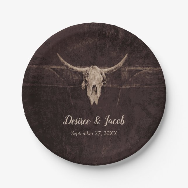 Rustic Bull Skull Wedding Country Western Texture Paper Plates (Front)