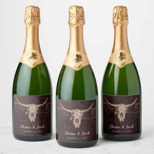Rustic Bull Skull Wedding Country Western Texture Sparkling Wine Label