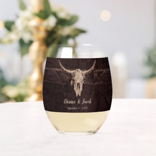 Rustic Bull Skull Wedding Country Western Texture Stemless Wine Glass