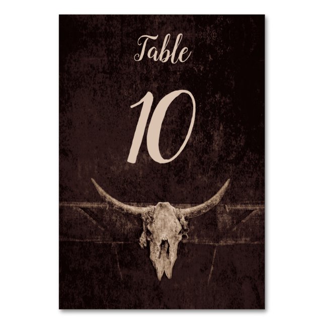 Rustic Bull Skull Wedding Country Western Texture Table Number (Front)
