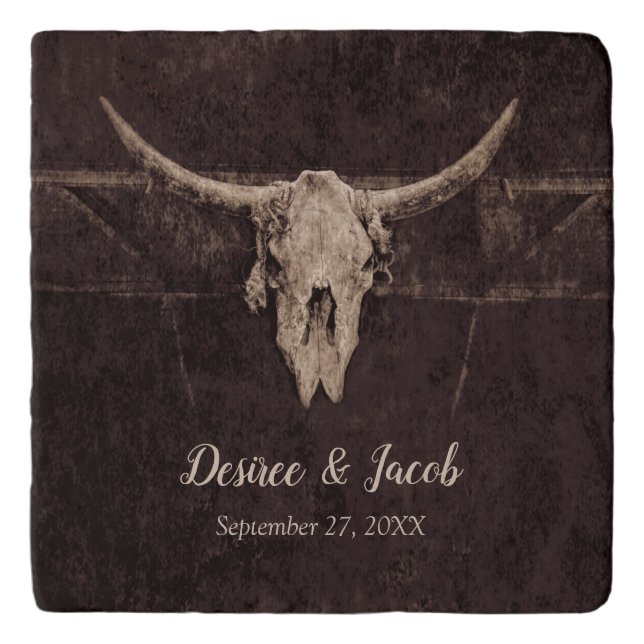 Rustic Bull Skull Wedding Country Western Texture Trivet (Front)