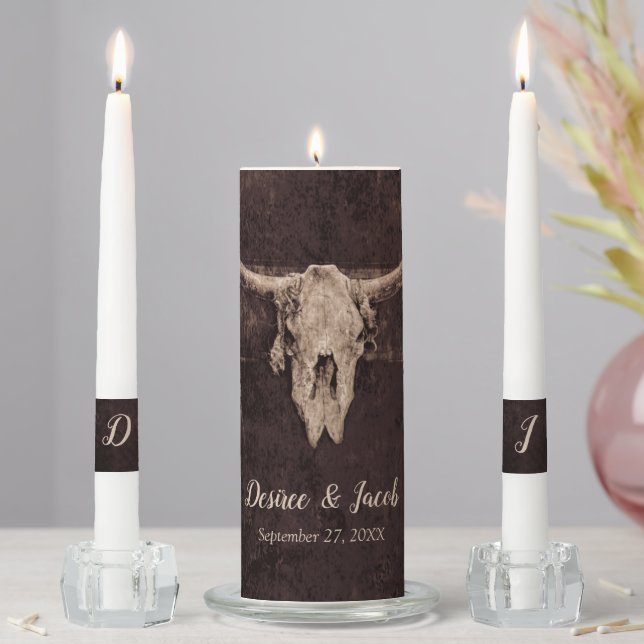 Rustic Bull Skull Wedding Country Western Texture Unity Candle Set (In Situ)