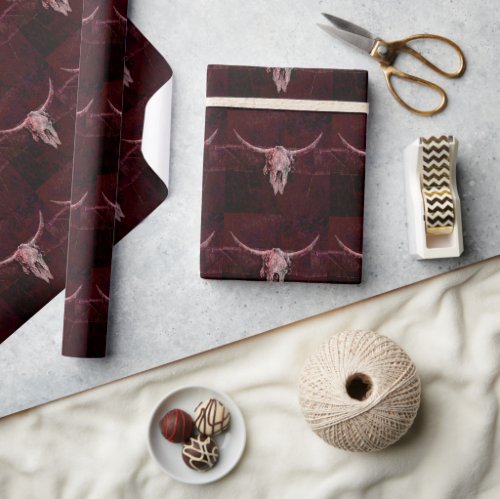 Rustic Bull Skull Western Red Brown Pattern Wrapping Paper