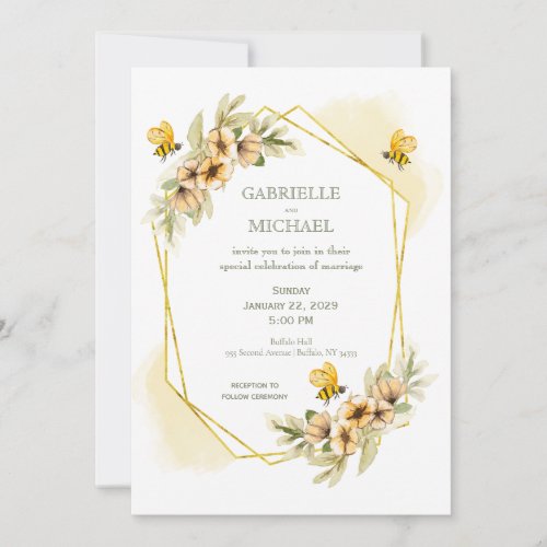 Rustic Bumble Bee Floral Wedding Invitation