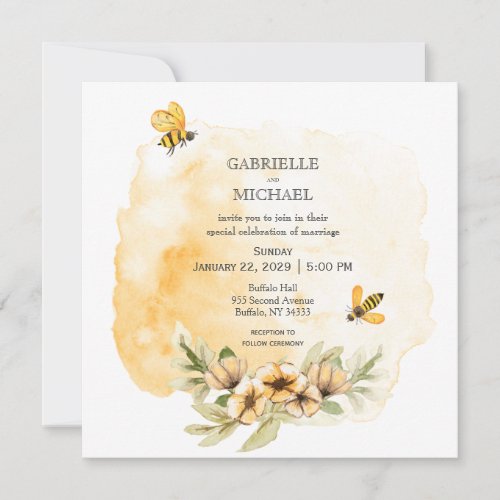 Rustic Bumble Bee Floral Wedding Invitation