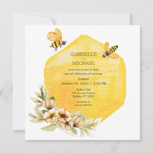 Rustic Bumble Bee Floral Wedding Invitation