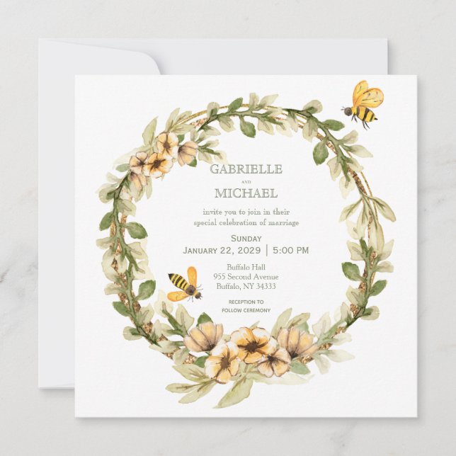 Rustic Bumble Bee Floral Wedding Invitation (Front)