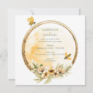 Rustic Bumble Bee Floral Wedding Invitation